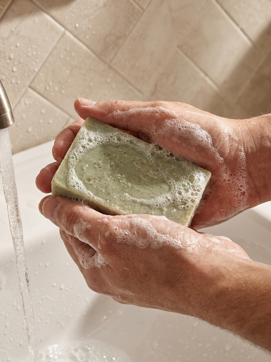 Close up of person washing hands with Denali Mint soap bar